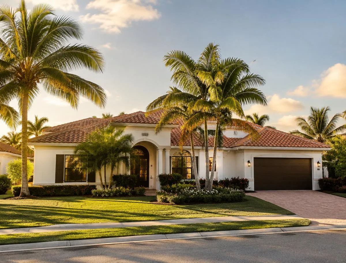 Sunlit Florida home with palm trees